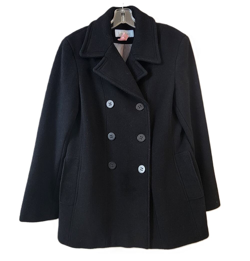 Calvin Klein Women's Double-Breasted Peacoat Size 10 Black Wool Blend